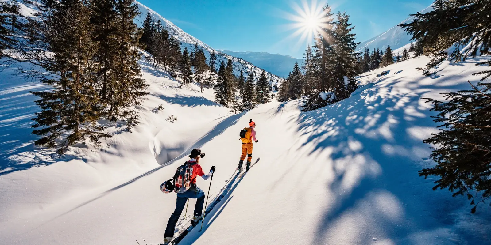 Skieurs de randonnée en pleine montée sous le soleil